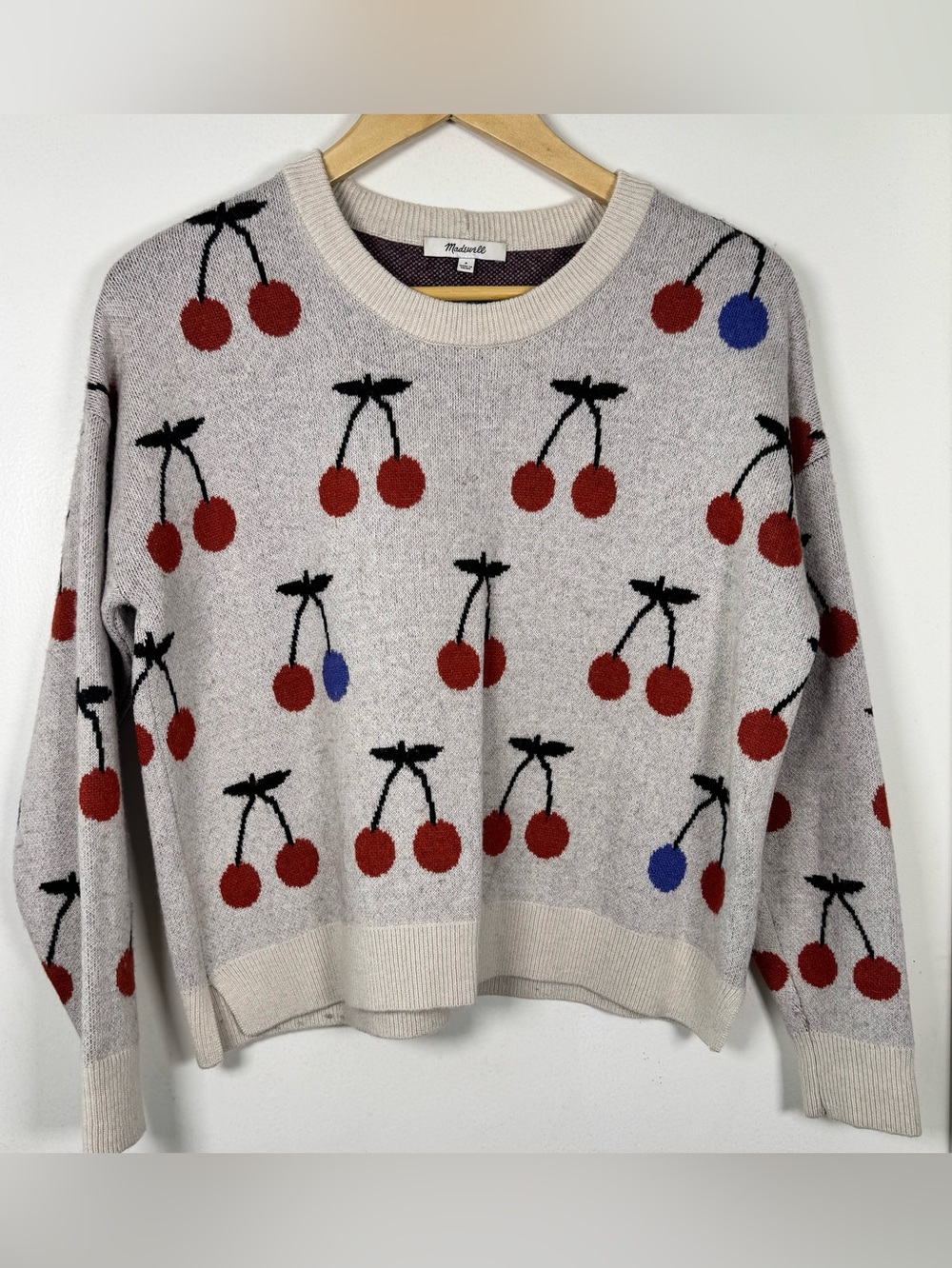 Madewell Cherry Jacquard Pullover Crew Neck Knit Sweater Women’s Small Crop Fit